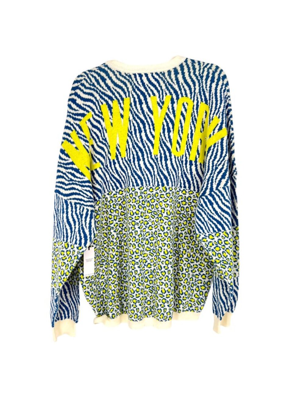 Spirit Jersey Crew Neck Neon Leopard Print New York Sweater Blue Size Large NWT